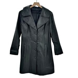 Vintage 1960s Women's Long Leather Coat Black Midi Length Jacket Scully | 12 M/L